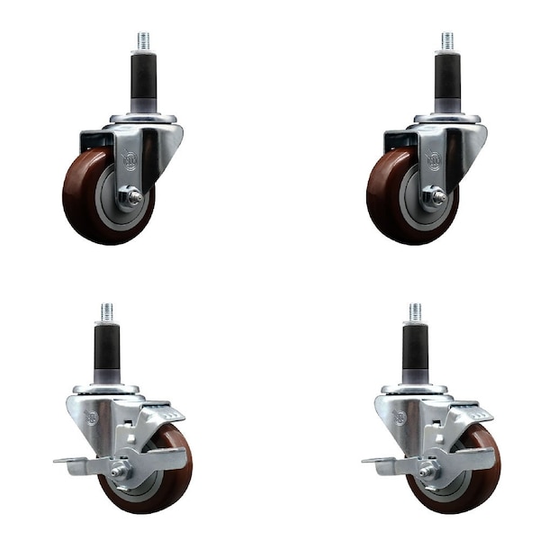 Service Caster 3'' Maroon Poly Wheel Swivel 1-1/8'' Expanding Stem Caster Set 2 Brakes, 4PK SCC-EX20S314-PPUB-MRN-2-TLB-2-118 - main